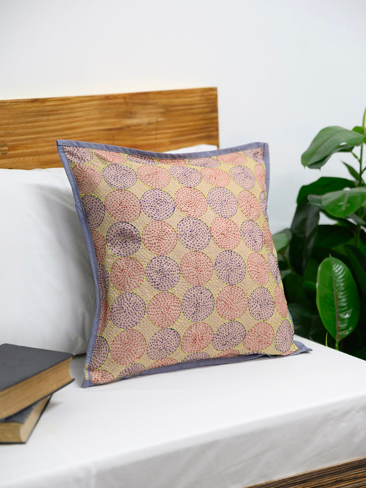 Cream Grey Kantha Silk Reversible Cushion Cover - Pack of 1 | SHOBITAM