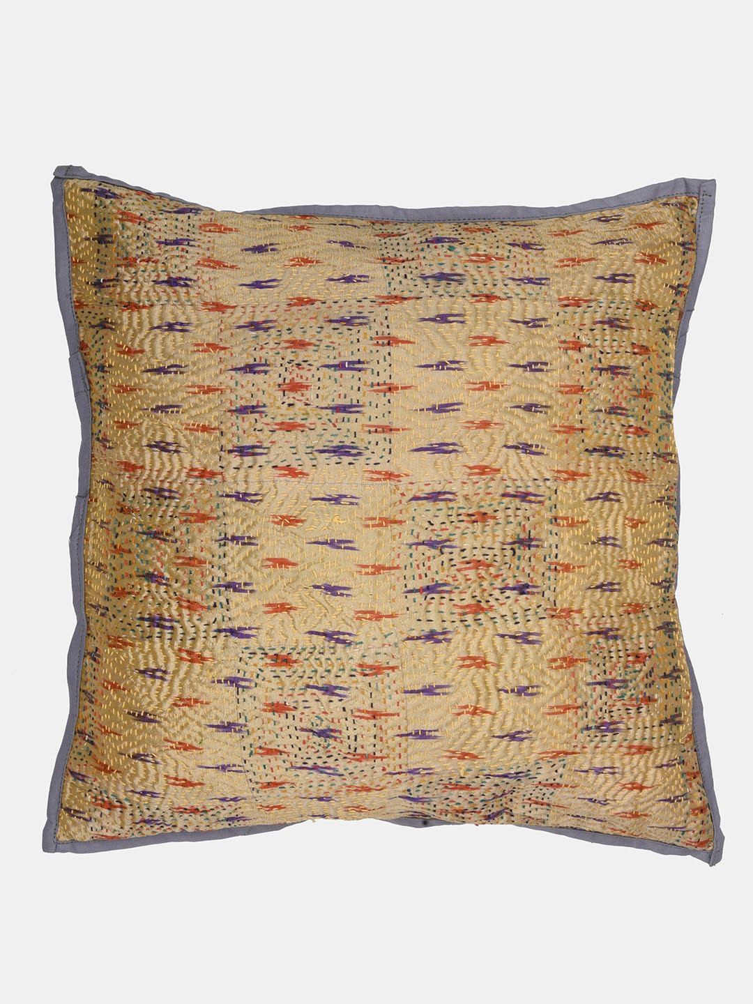 Grey Cream Kantha Silk Reversible Cushion Cover - Pack of 1 | SHOBITAM
