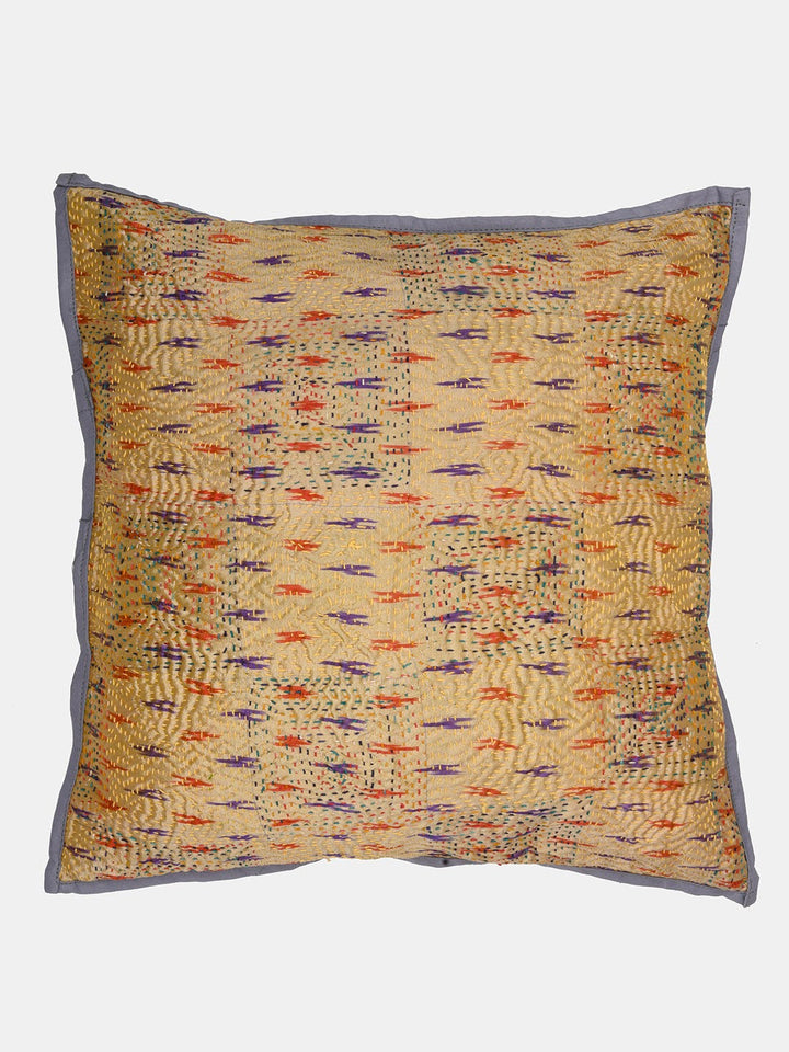 Grey Cream Kantha Silk Reversible Cushion Cover - Pack of 1 | SHOBITAM