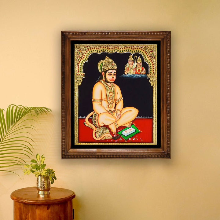 10*12 Authentic TANJORE PAINTING HANUMAN SITTING With 22 Ct gold Foil and Jaipur Gemstones,Unframed | SHOBITAM