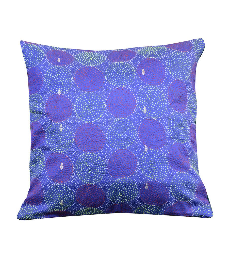 Vintage Blue Green Kantha Silk Reversible Cushion Cover - Pack of 1 | SHOBITAM