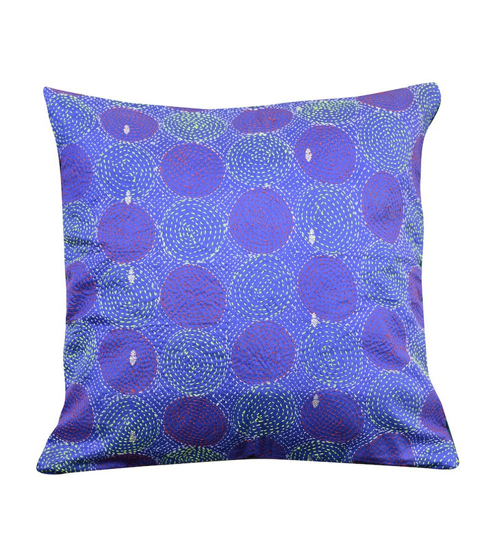Vintage Blue Green Kantha Silk Reversible Cushion Cover - Pack of 1 | SHOBITAM