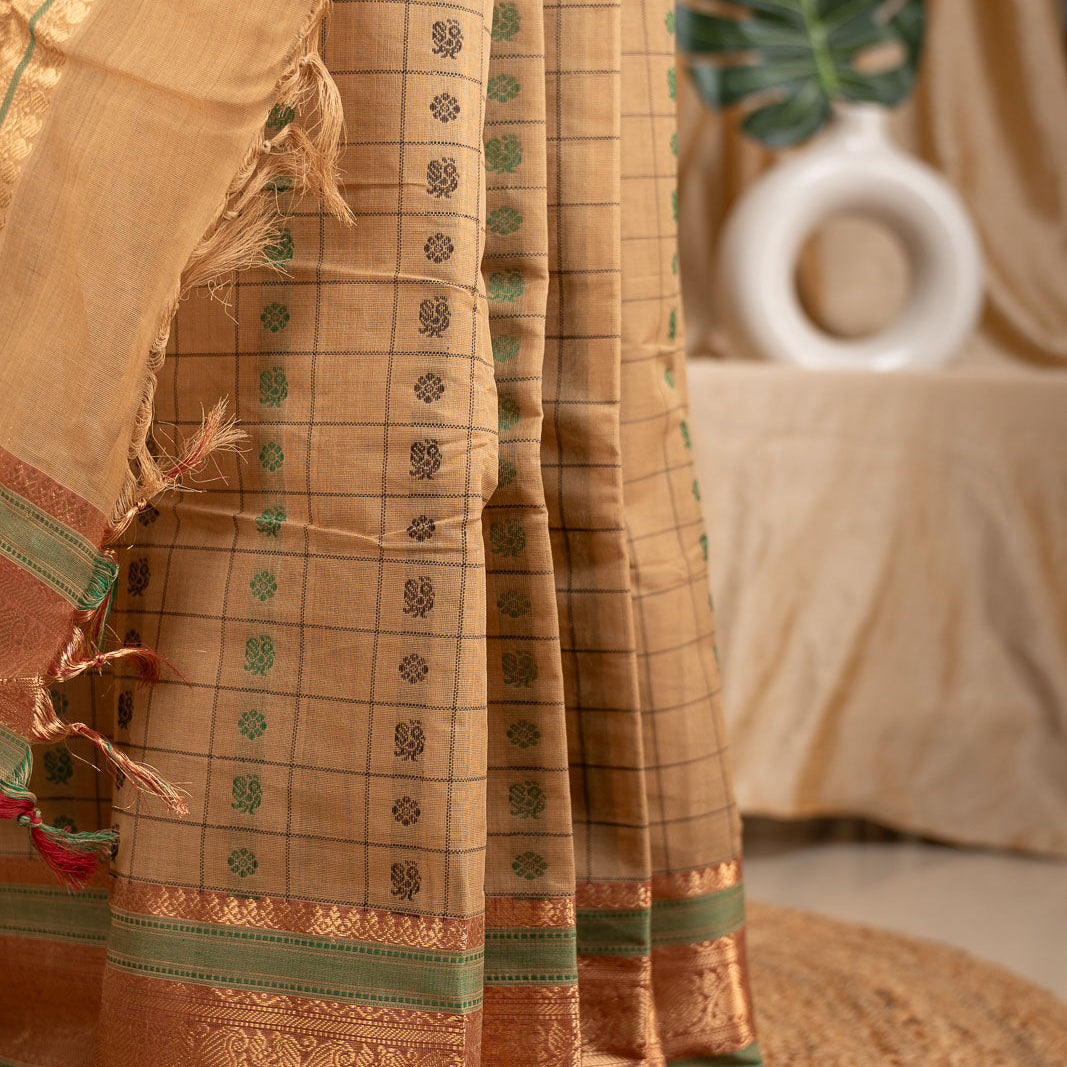 Beige 1000 Butta Kanchi Cotton Saree With Zari Nila | SHOBITAM