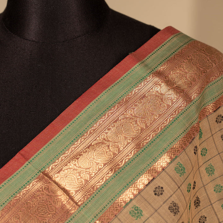 Beige 1000 Butta Kanchi Cotton Saree With Zari Nila | SHOBITAM