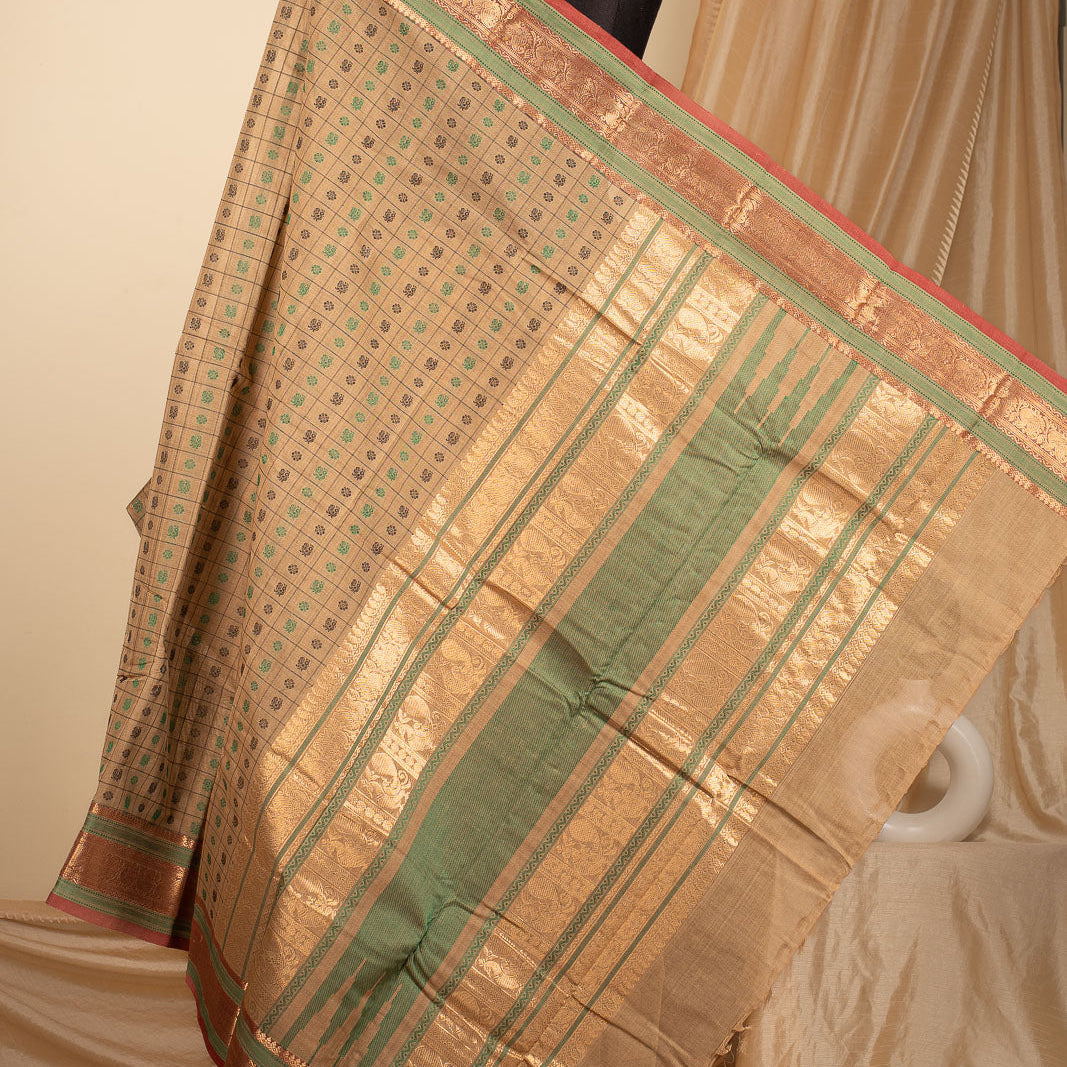 Beige 1000 Butta Kanchi Cotton Saree With Zari Nila | SHOBITAM