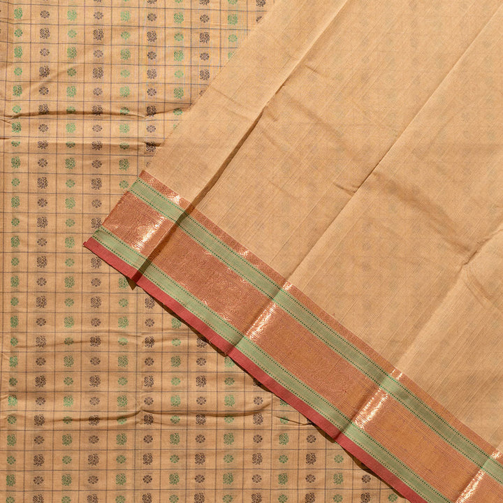 Beige 1000 Butta Kanchi Cotton Saree With Zari Nila | SHOBITAM