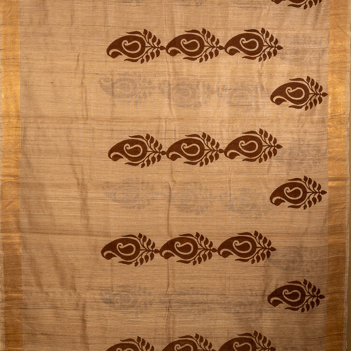 Beige Bhagalpur Tusssar Silk Jugalbandhi Saree Paisley | SHOBITAM