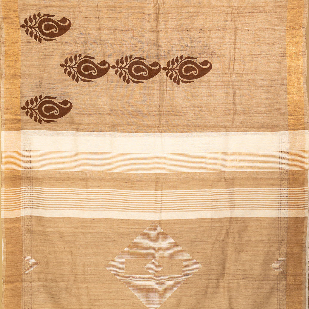 Beige Bhagalpur Tusssar Silk Jugalbandhi Saree Paisley | SHOBITAM