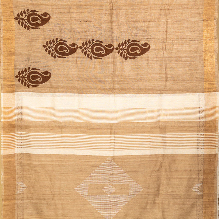 Beige Bhagalpur Tusssar Silk Jugalbandhi Saree Paisley | SHOBITAM