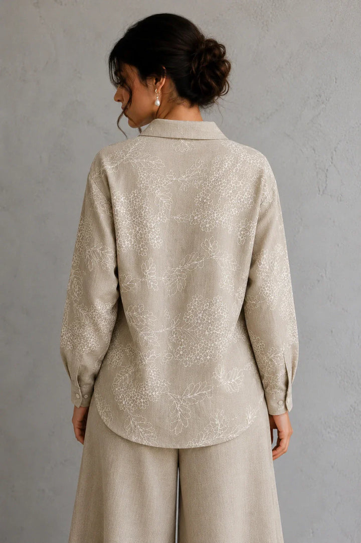 Beige Essence Embroidered Linen Co-Ord Set | SHOBITAM