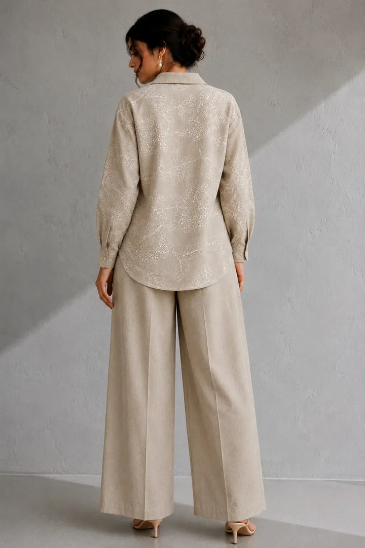 Beige Essence Embroidered Linen Co-Ord Set | SHOBITAM