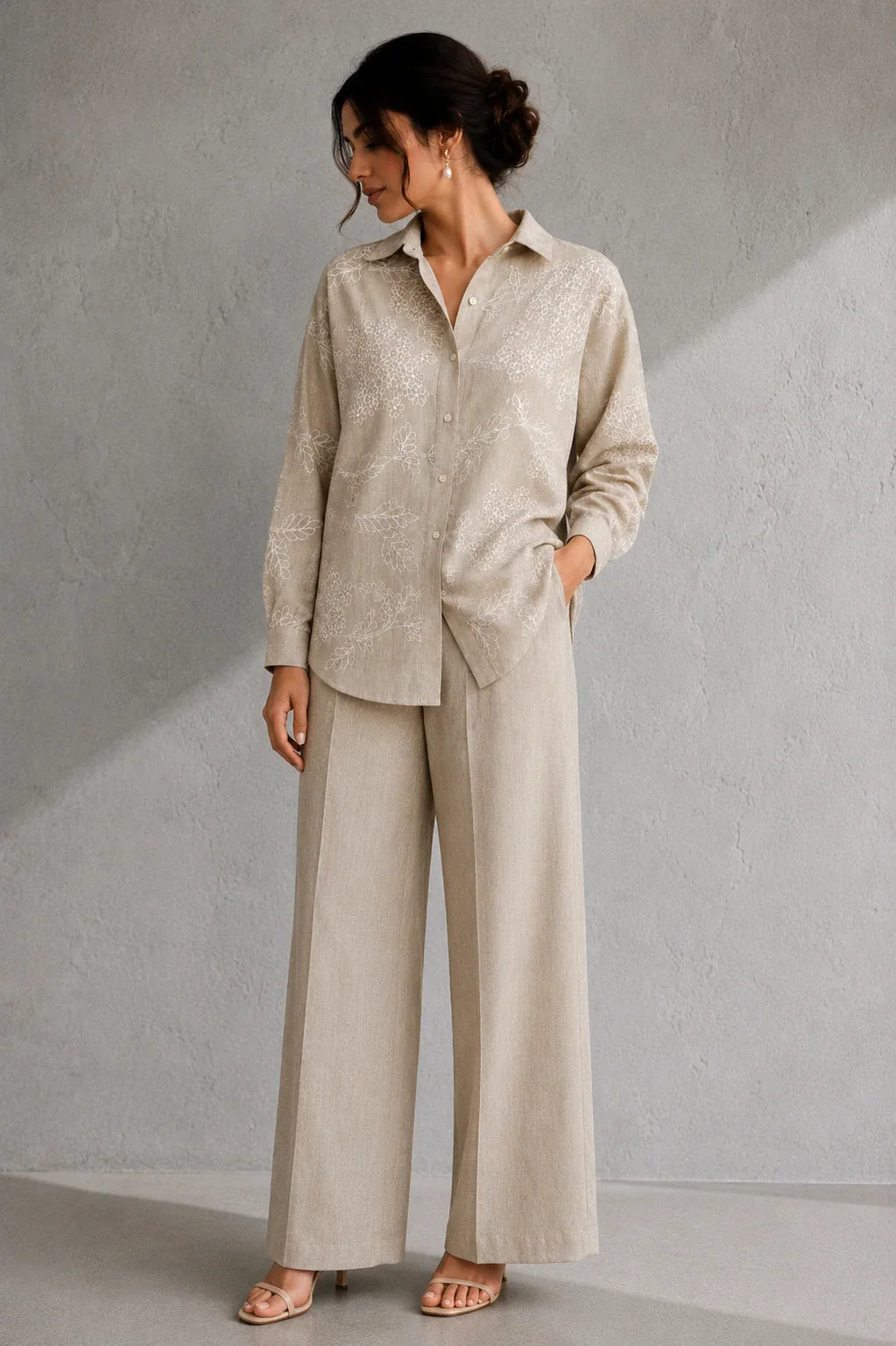 Beige Essence Embroidered Linen Co-Ord Set | SHOBITAM