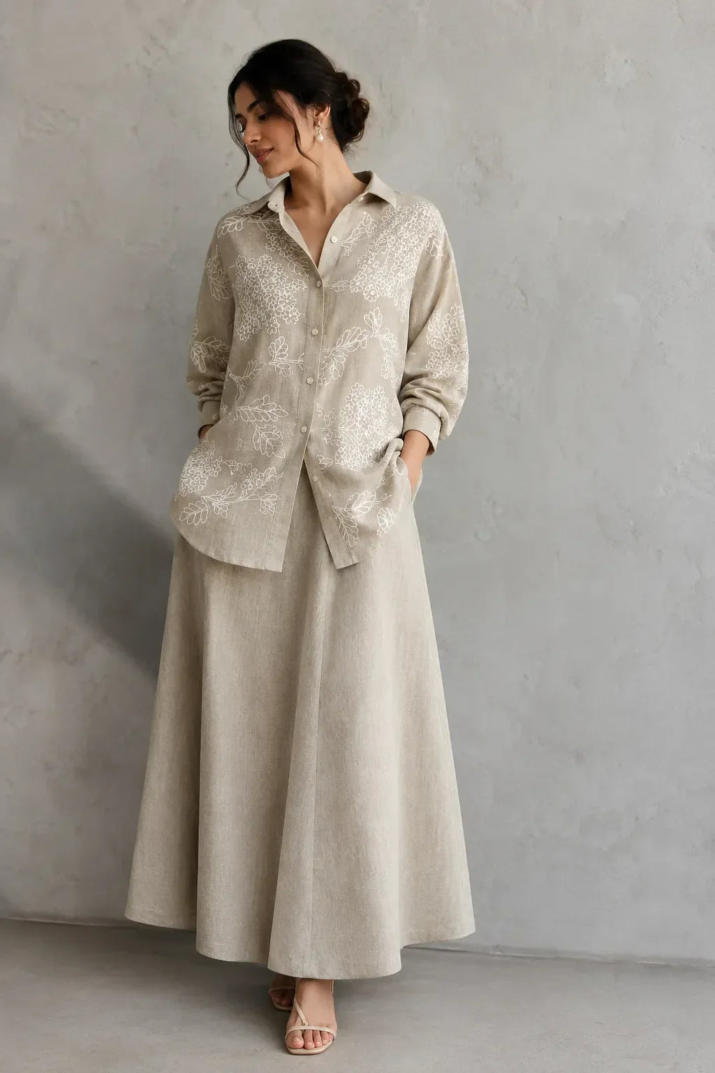 Beige Essence Embroidered Linen Skord | SHOBITAM