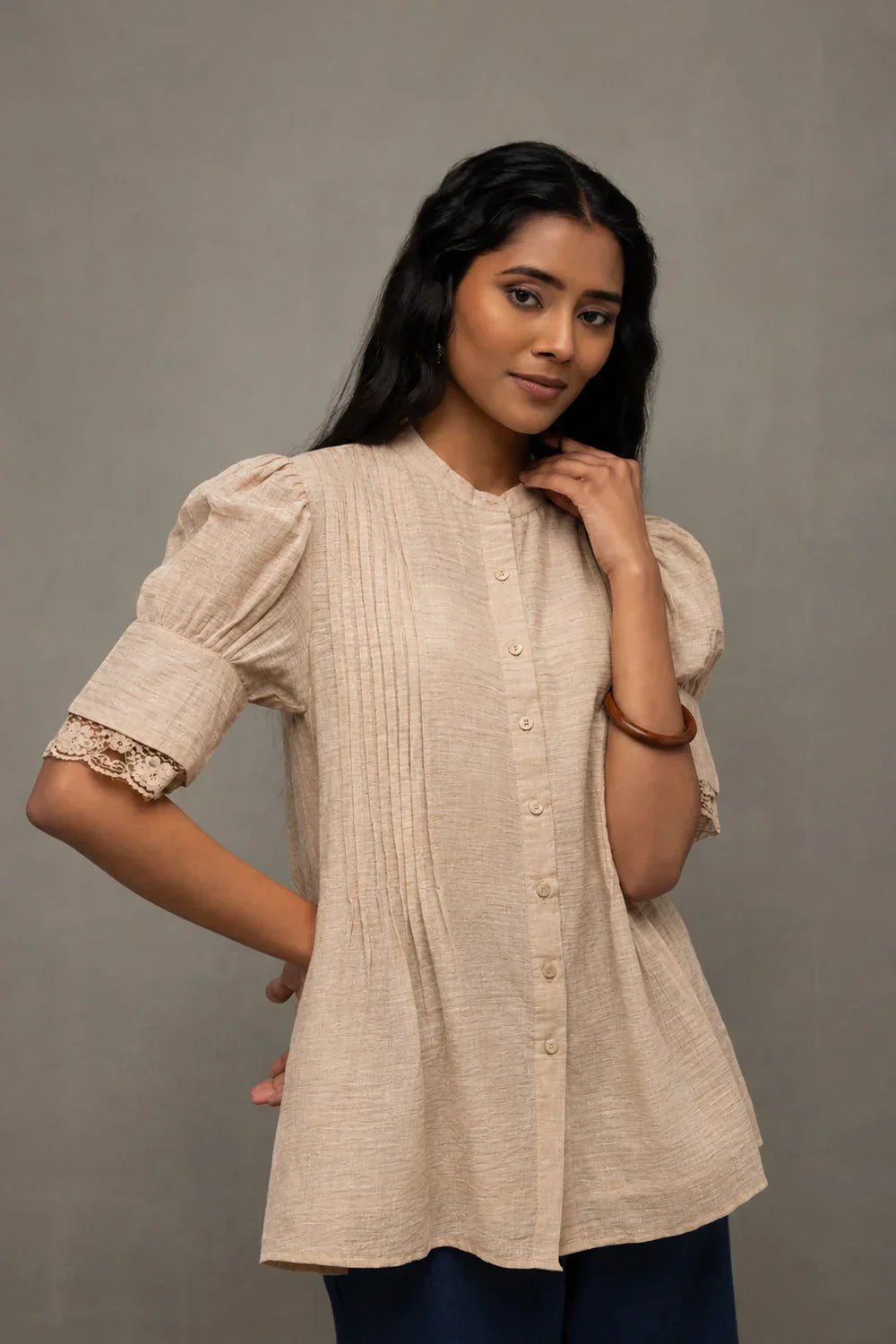 Beige Pure Cotton Buttoned Top | SHOBITAM