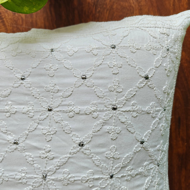 Tara White Chikankari Cushion Cover, 18" x 18", Pack of 1 | SHOBITAM