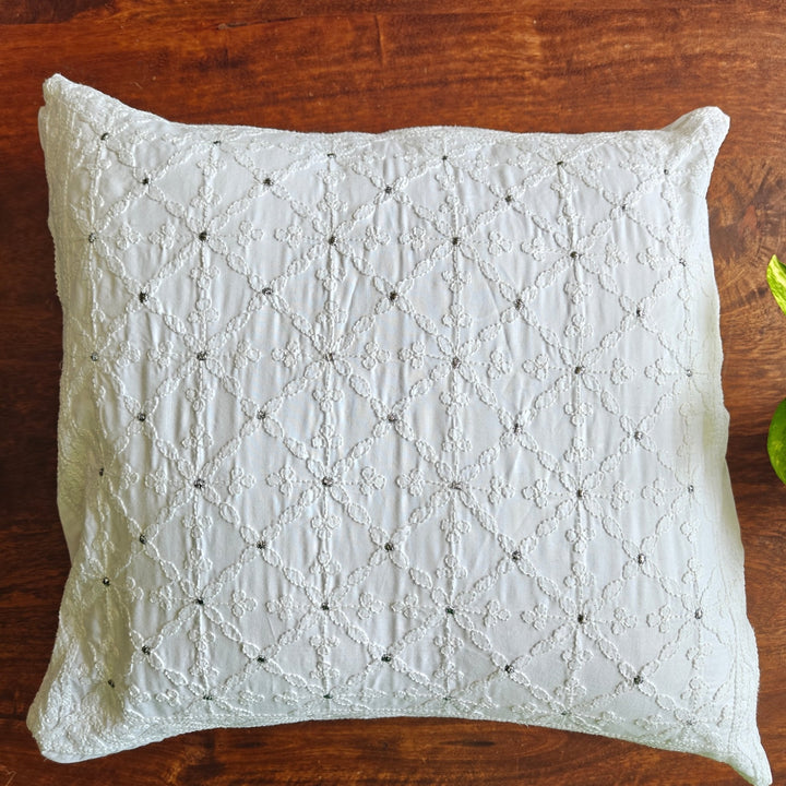 Tara White Chikankari Cushion Cover, 18" x 18", Pack of 1 | SHOBITAM