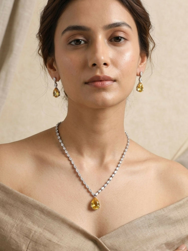 Silver Plated Drop American Diamond Necklace Set | SHOBITAM
