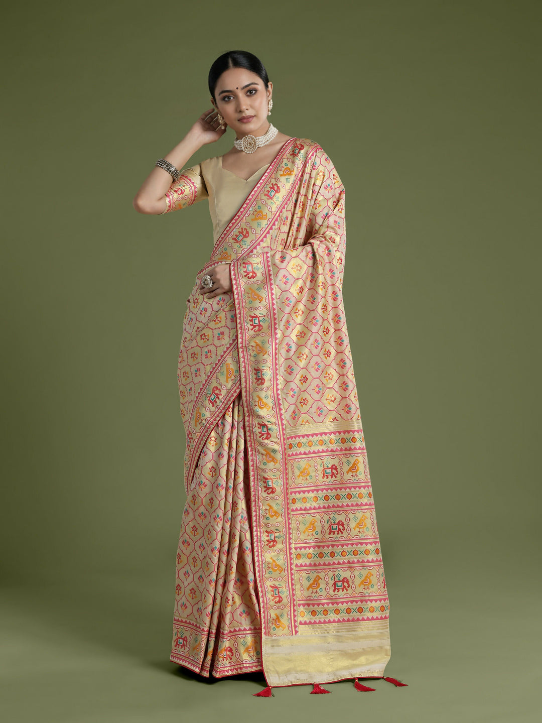 Cream Semi Banarasi Satin Silk Saree With Patola Work | SHOBITAM