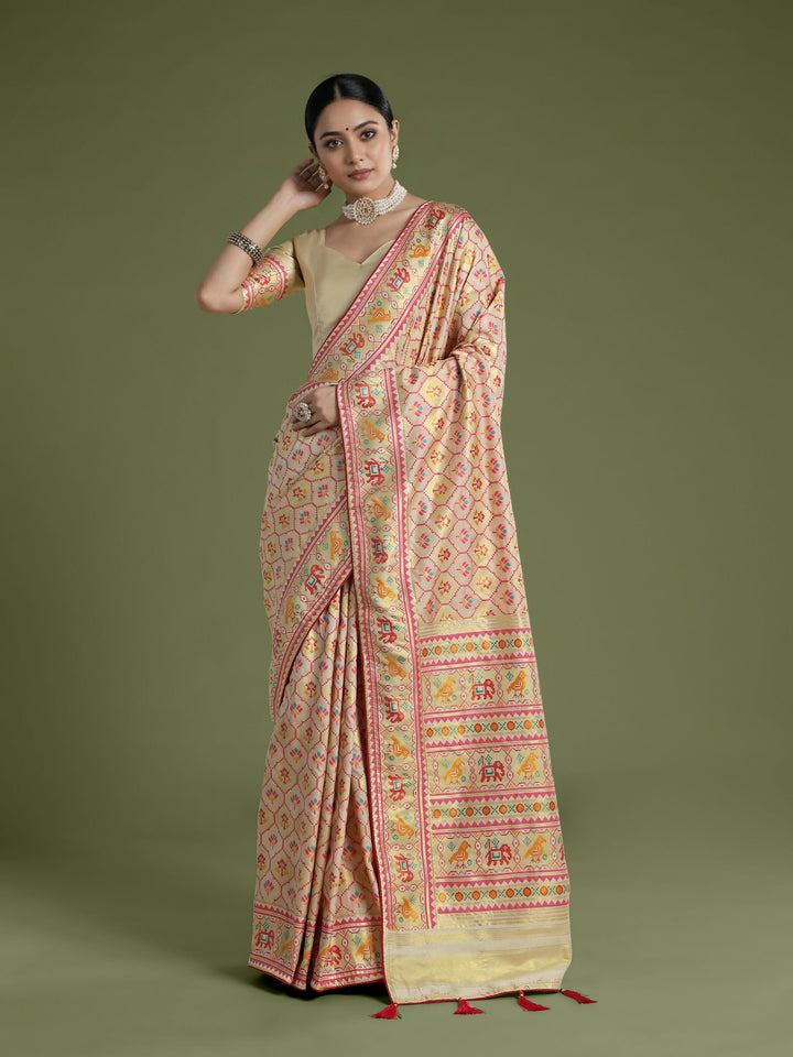 Cream Semi Banarasi Satin Silk Saree With Patola Work | SHOBITAM