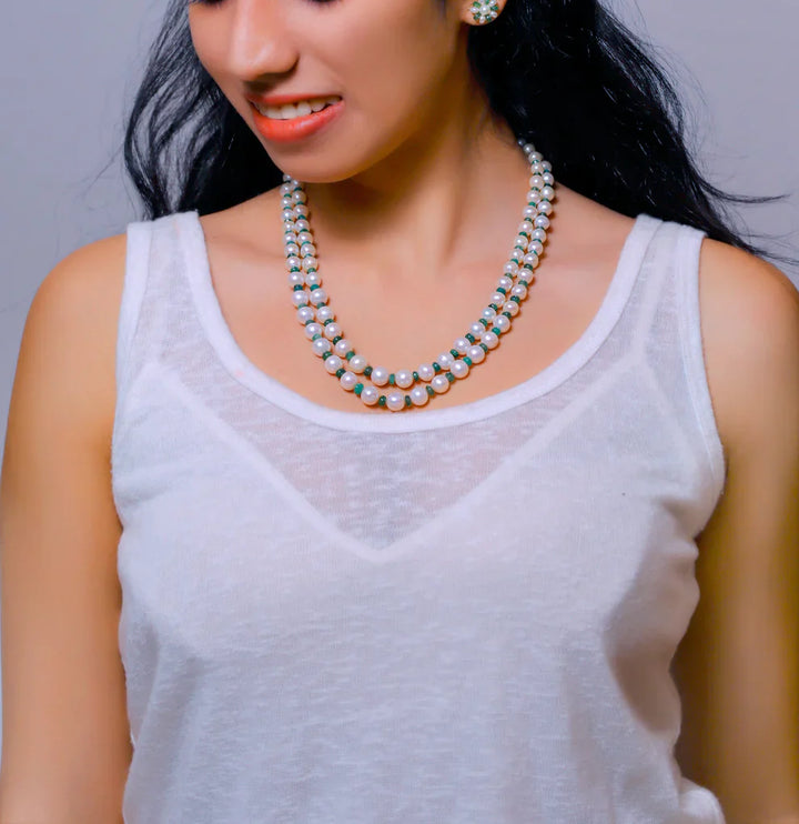 Natural Emerald With 6.0-7.0mm Near Round Freshwater Pearl Necklace Set-AA Quality