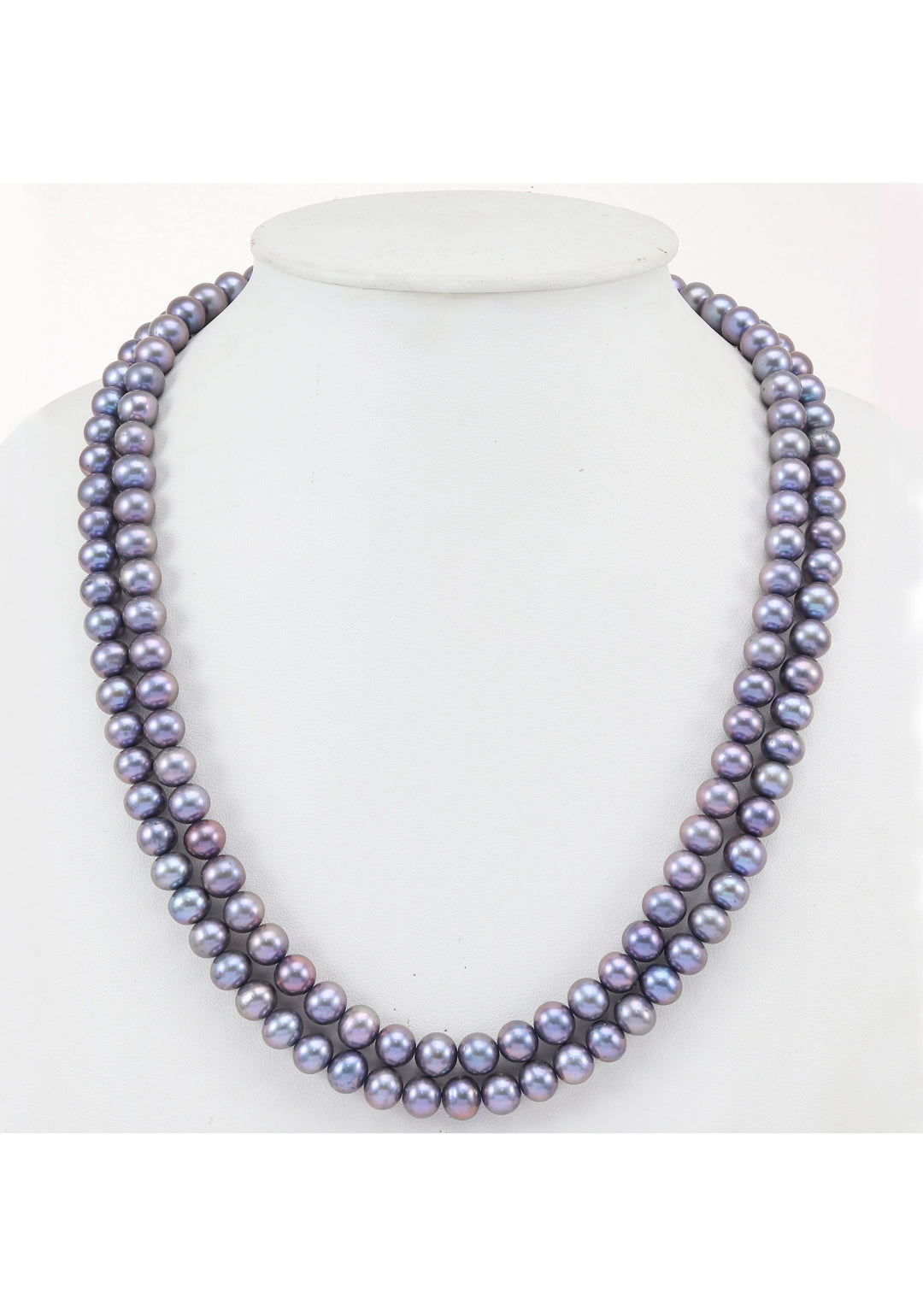 Gray Black Iridescent Real Pearls 2 Strand Necklace and Stud earrings Set