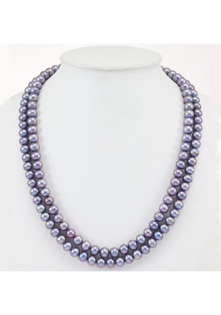 Gray Black Iridescent Real Pearls 2 Strand Necklace and Stud earrings Set