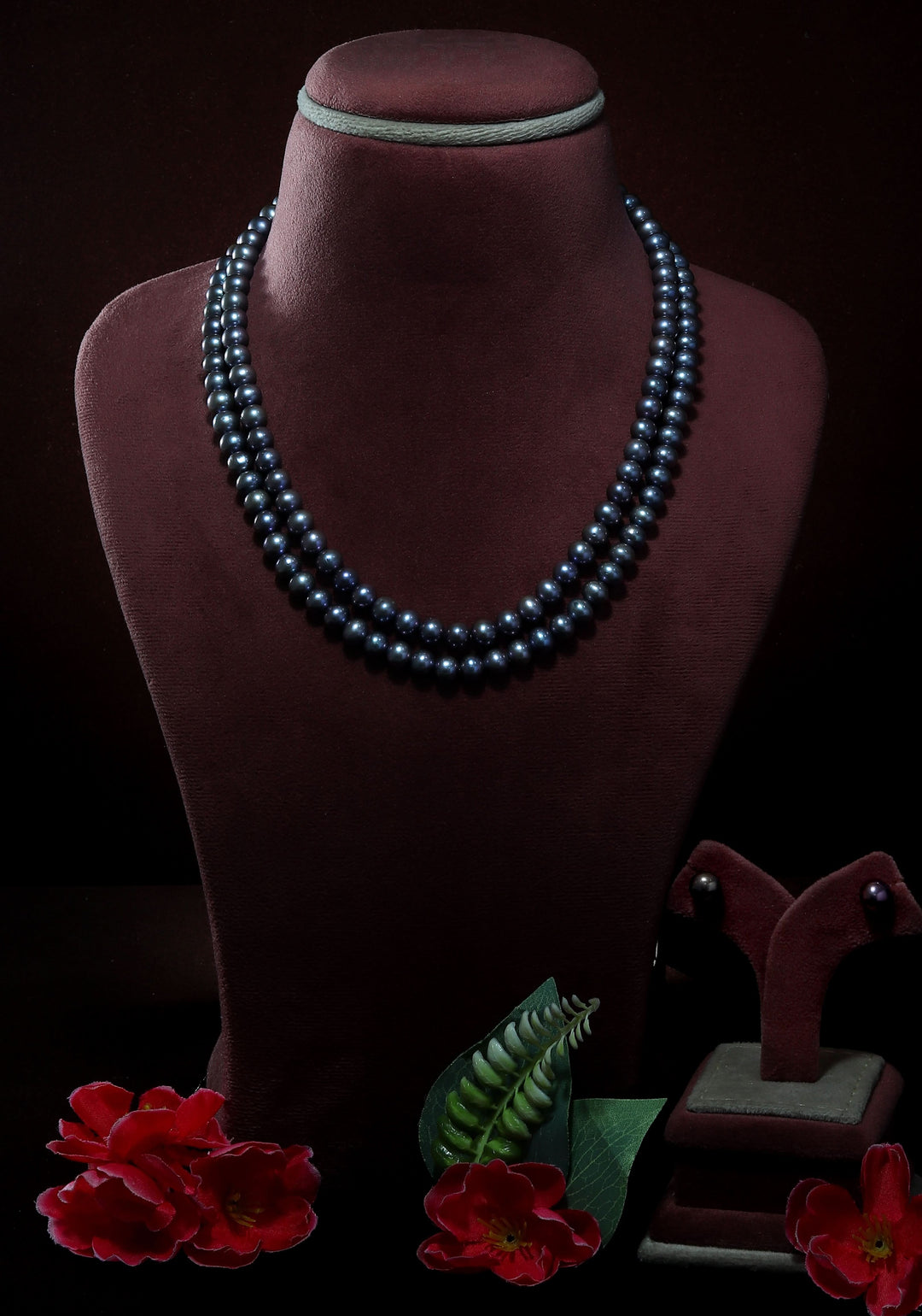 Gray Black Iridescent Real Pearls 2 Strand Necklace and Stud earrings Set