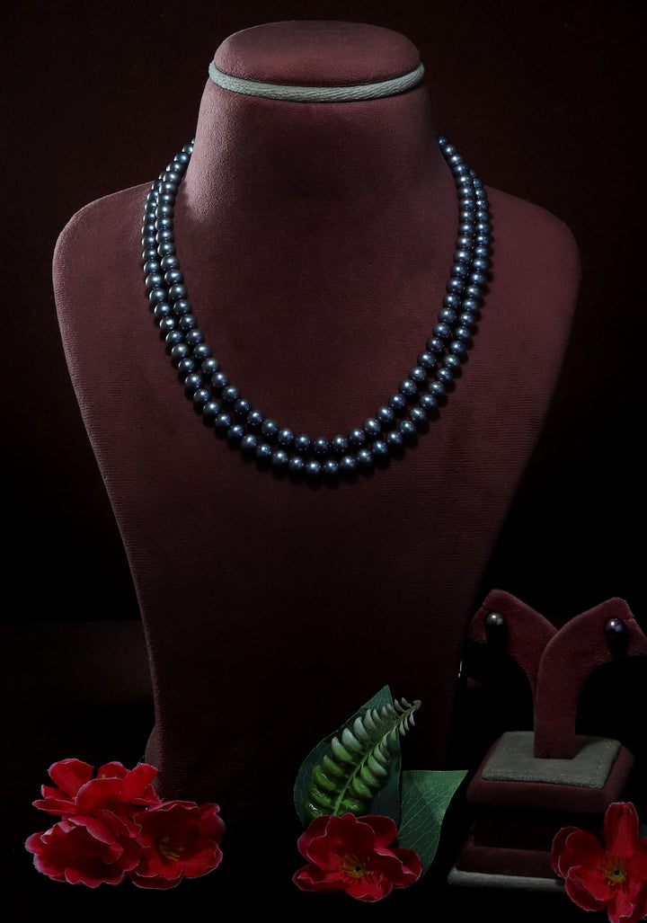 Gray Black Iridescent Real Pearls 2 Strand Necklace and Stud earrings Set