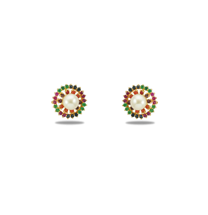 Multi Color Stone Pure Pearls Stud Earrings
