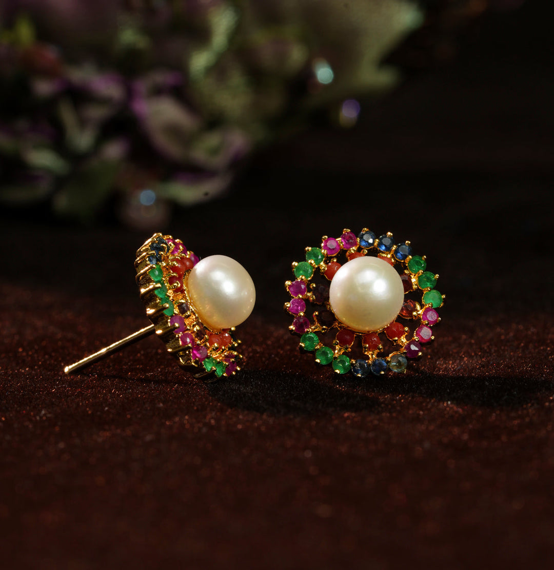 Multi Color Stone Pure Pearls Stud Earrings