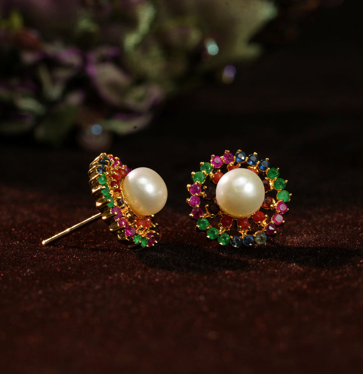 Multi Color Stone Pure Pearls Stud Earrings