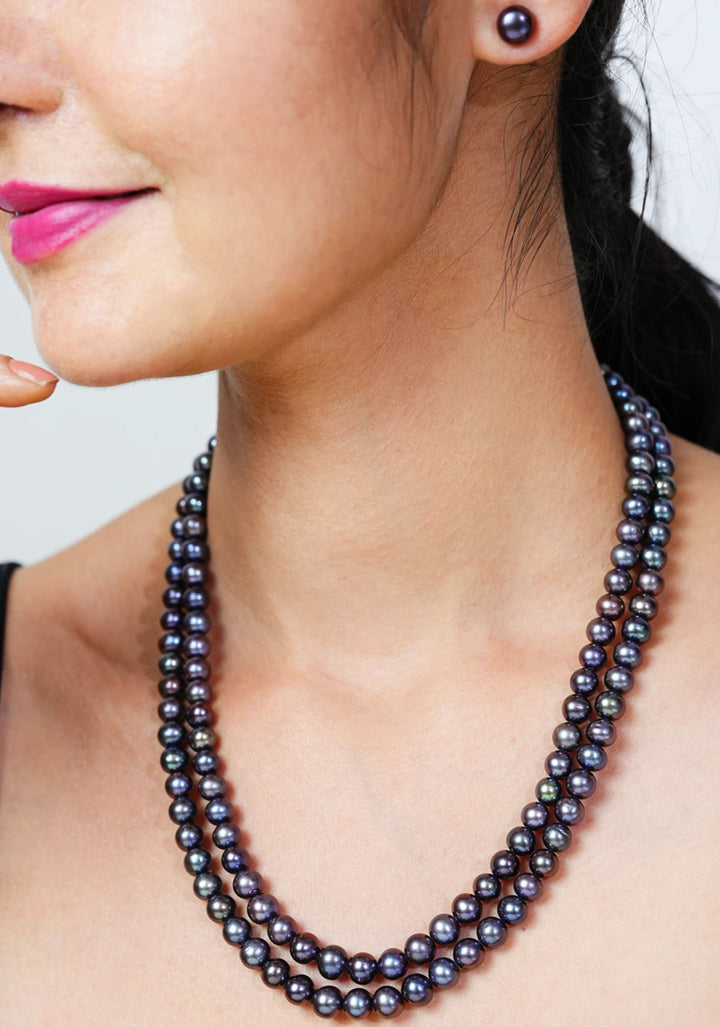 Gray Black Iridescent Real Pearls 2 Strand Necklace and Stud earrings Set