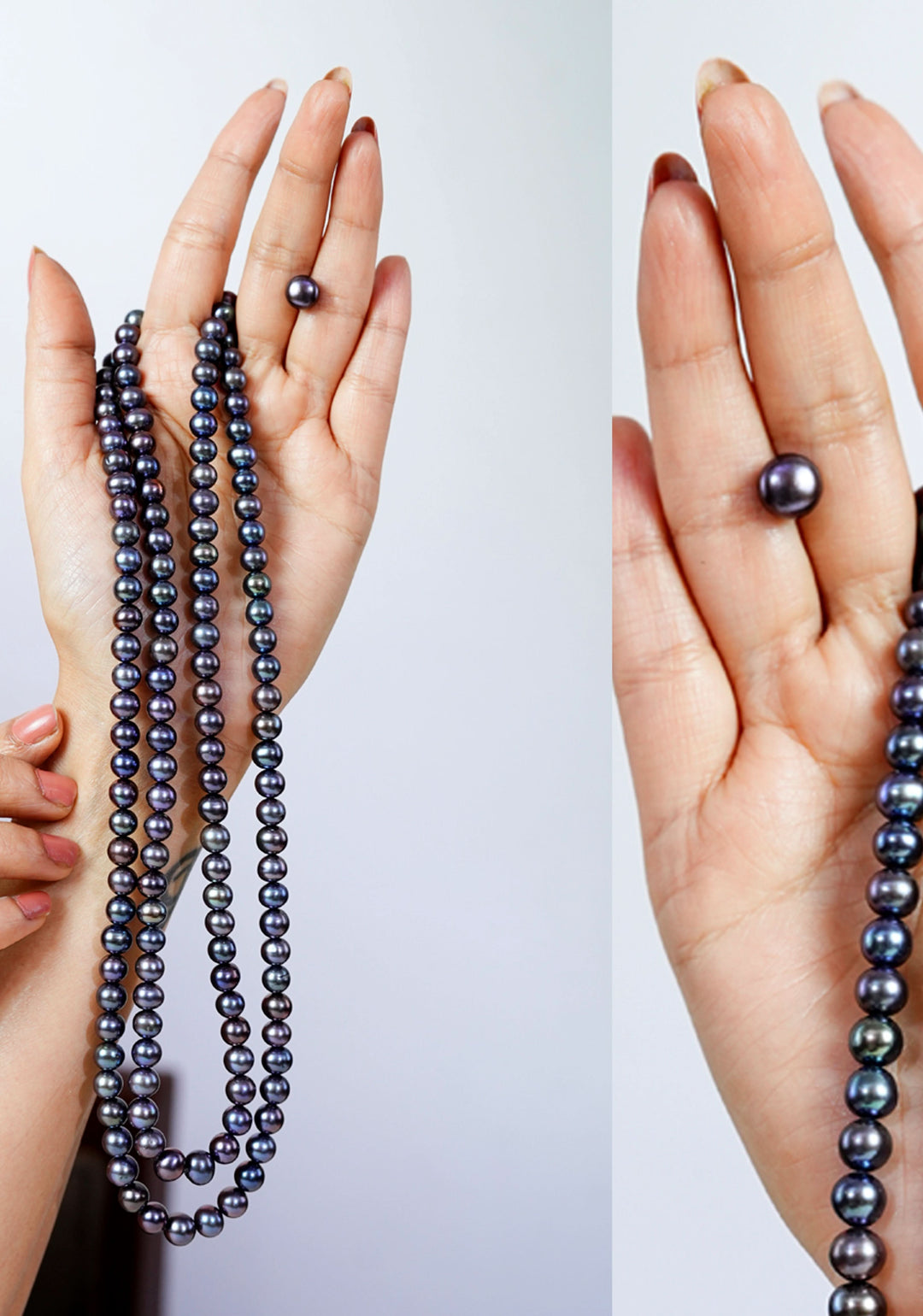 Gray Black Iridescent Real Pearls 2 Strand Necklace and Stud earrings Set