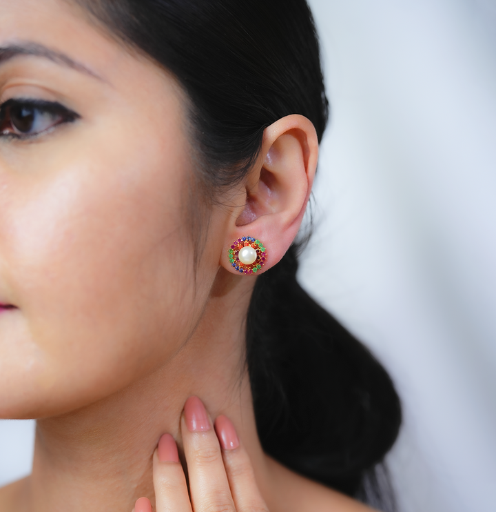 Multi Color Stone Pure Pearls Stud Earrings