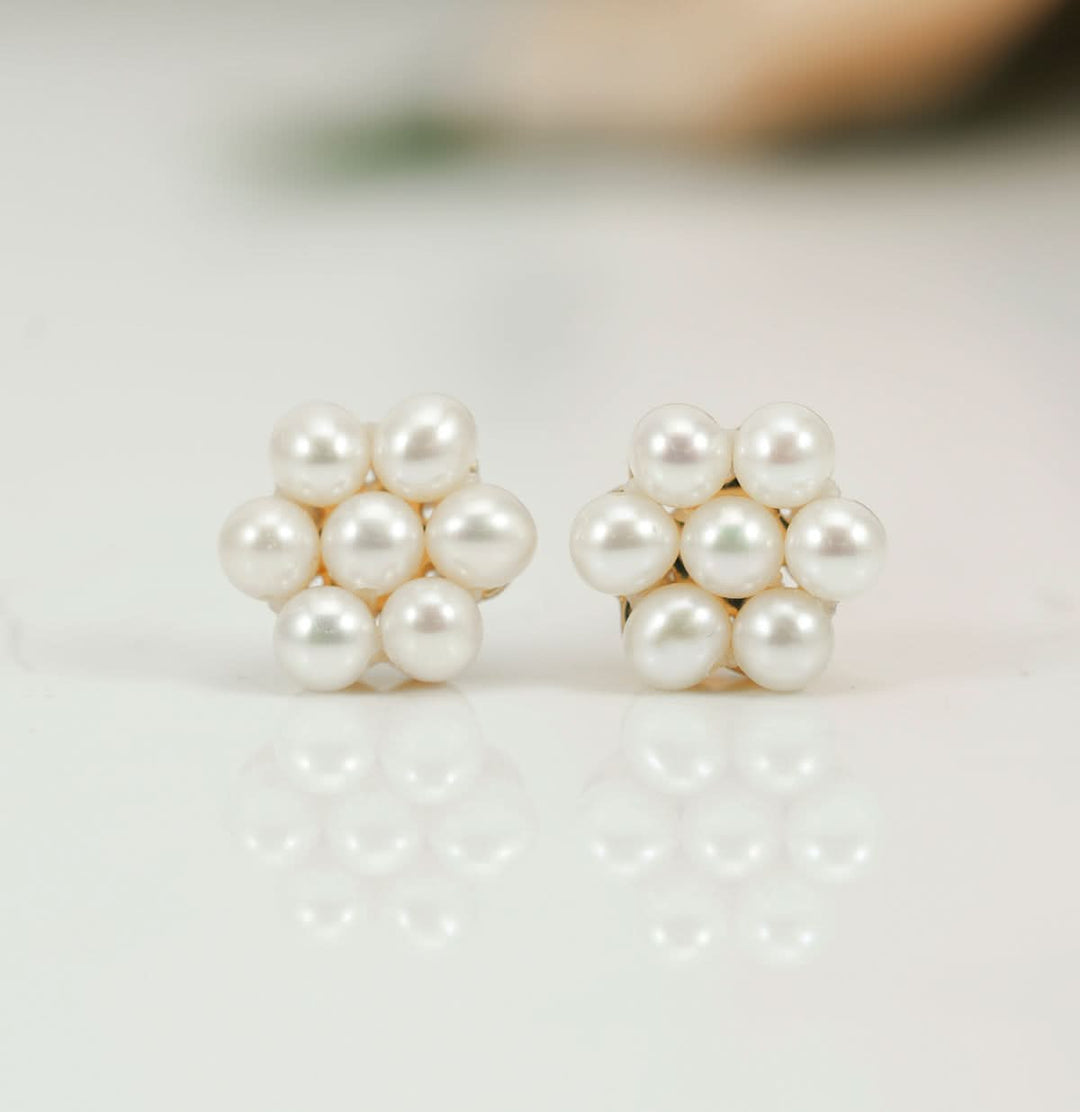 Floral Round Pearl Stud Earrings