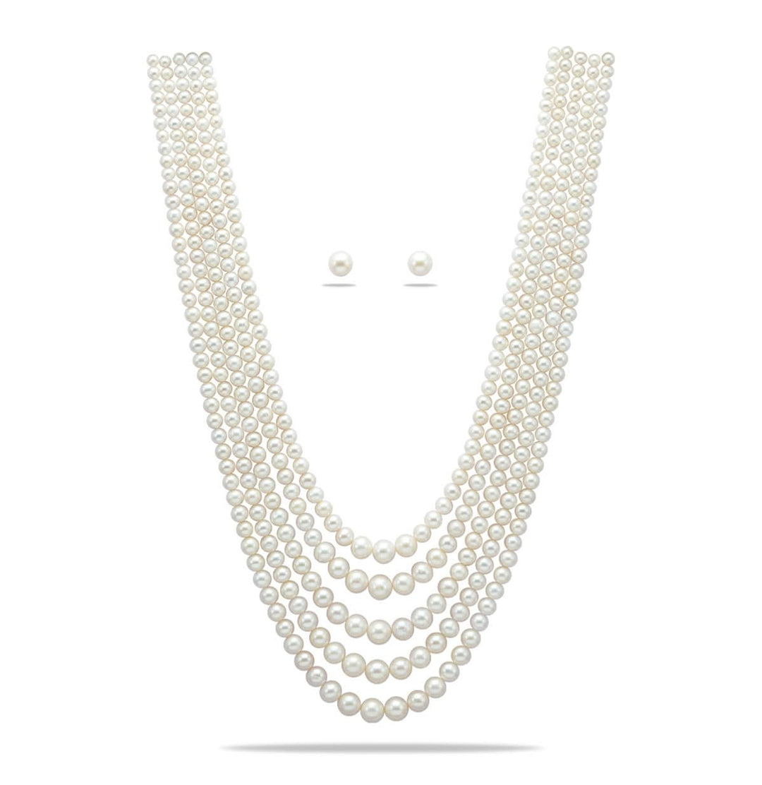 Five Strand Freshwater White Round Grading Pearl Necklace Set