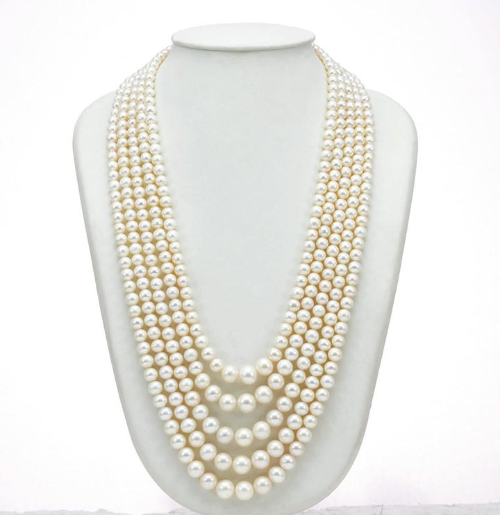 Five Strand Freshwater White Round Grading Pearl Necklace Set