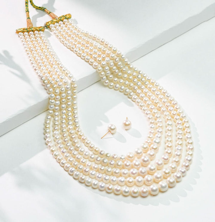Five Strand Freshwater White Round Grading Pearl Necklace Set