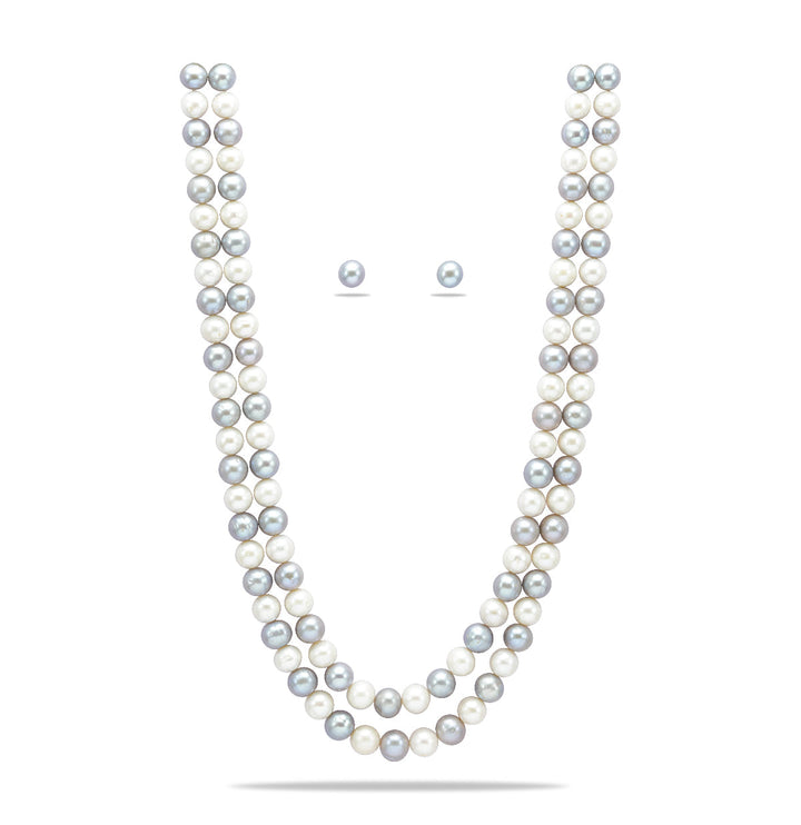 Two Strand Freshwater Glittering Gray and White Pearl Necklace Set