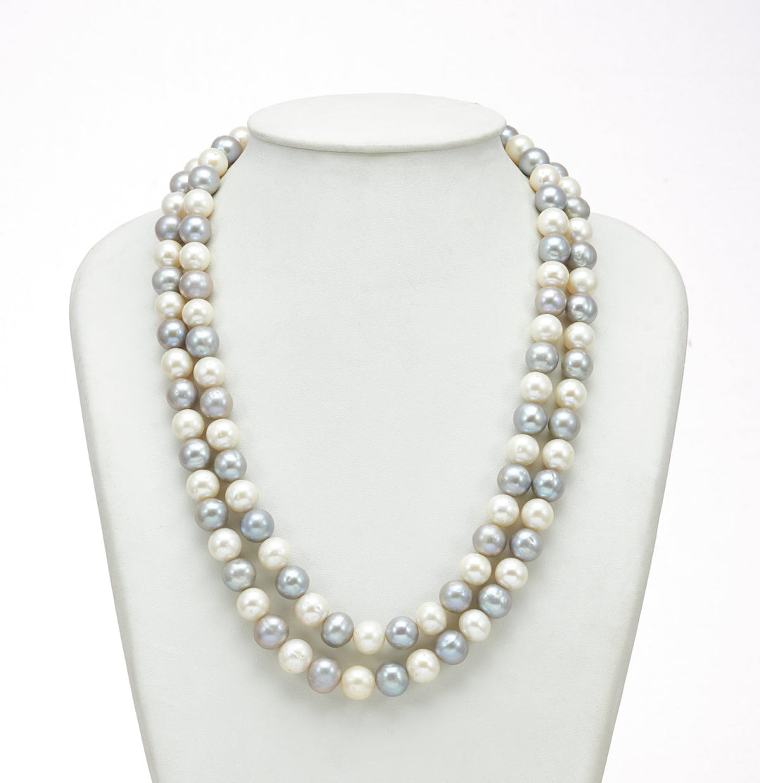Two Strand Freshwater Glittering Gray and White Pearl Necklace Set