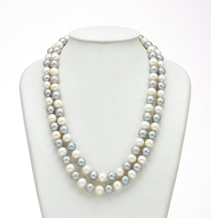 Two Strand Freshwater Glittering Gray and White Pearl Necklace Set