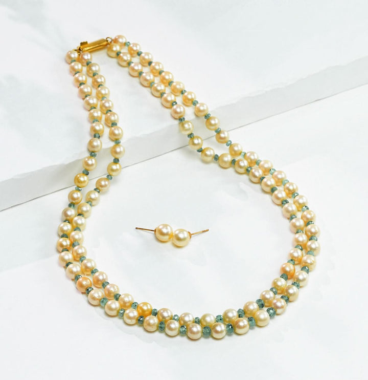 Gold shade Favorite Pearls And Real Emerald Necklace Set