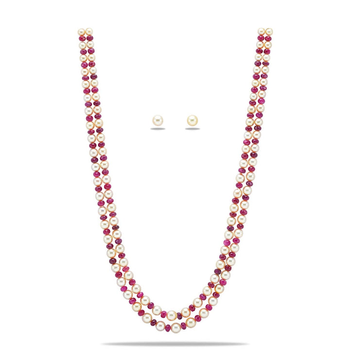 Two strands Classic Pearl And Real Ruby Pearl Necklace Set