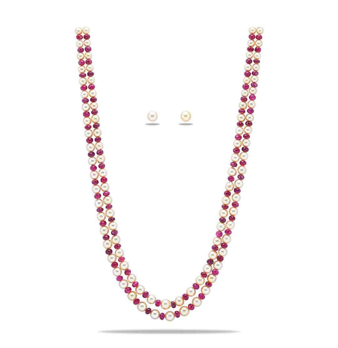 Two strands Classic Pearl And Real Ruby Pearl Necklace Set