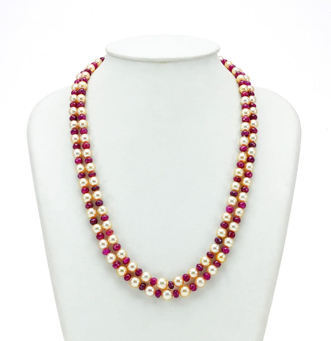 Two strands Classic Pearl And Real Ruby Pearl Necklace Set
