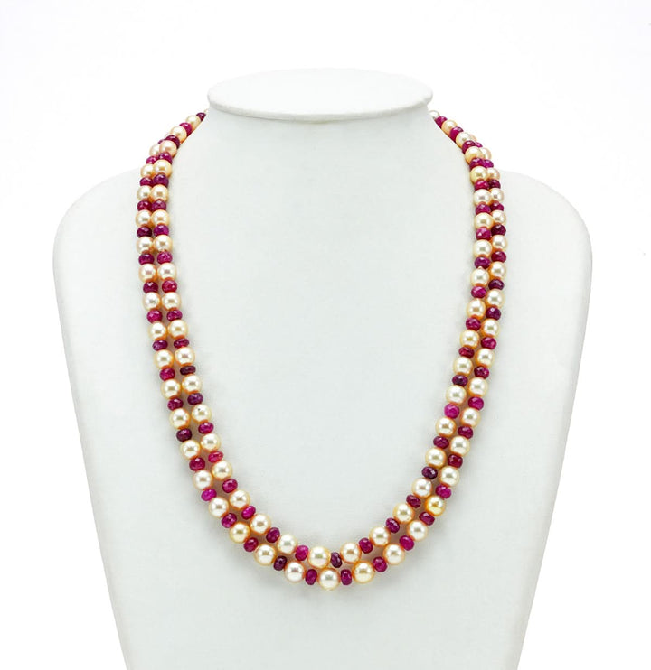 Two strands Classic Pearl And Real Ruby Pearl Necklace Set