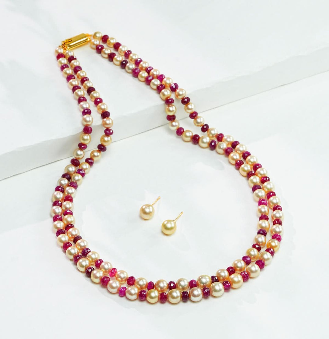 Two strands Classic Pearl And Real Ruby Pearl Necklace Set