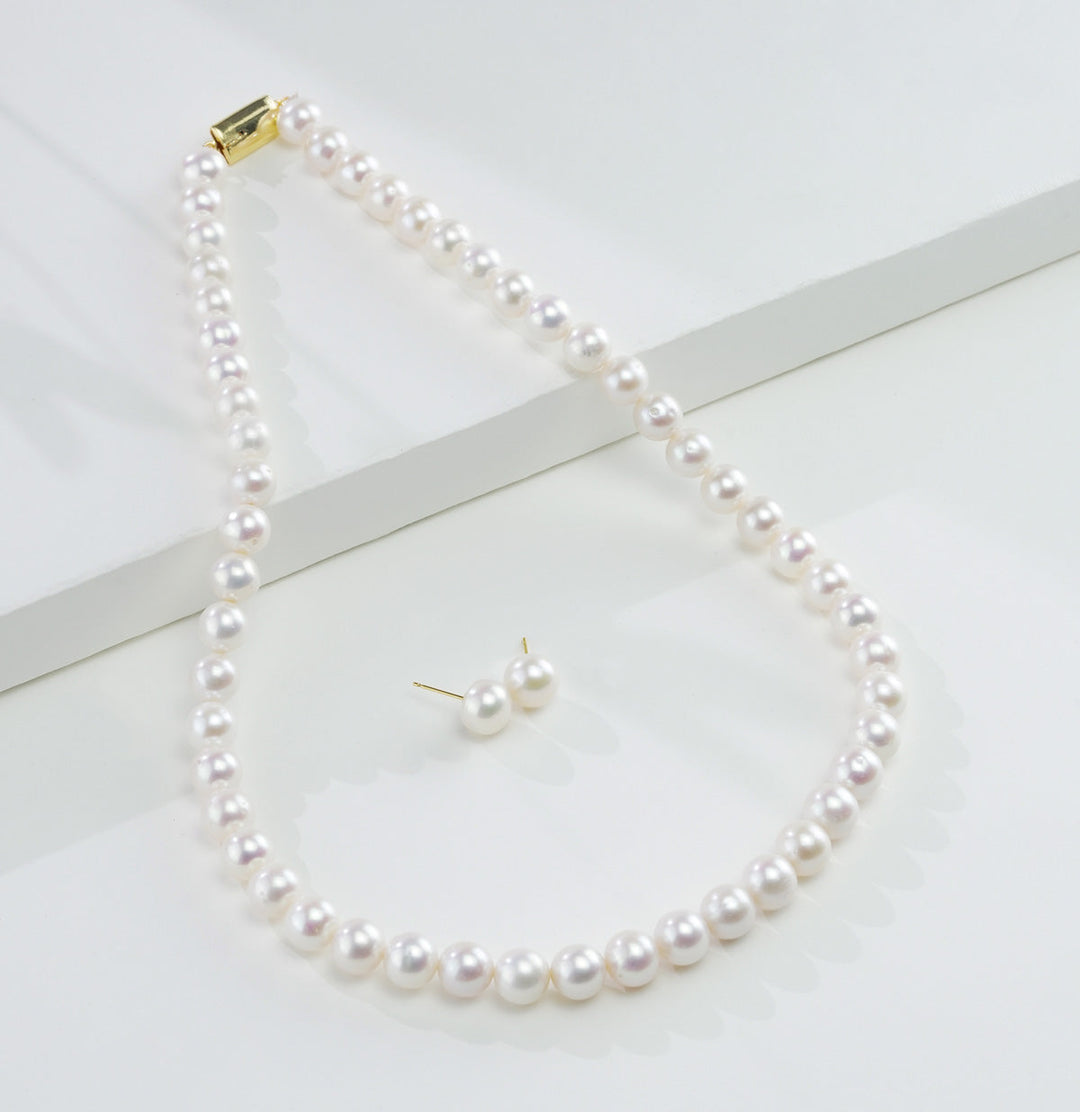 Single Strand White Round Pearl Necklace Set