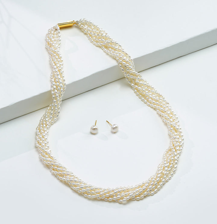 Twisted White Rice Pearl Necklace Set