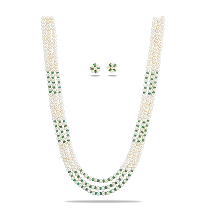 Natural Emerald Pearl 3 Strand Necklace Set